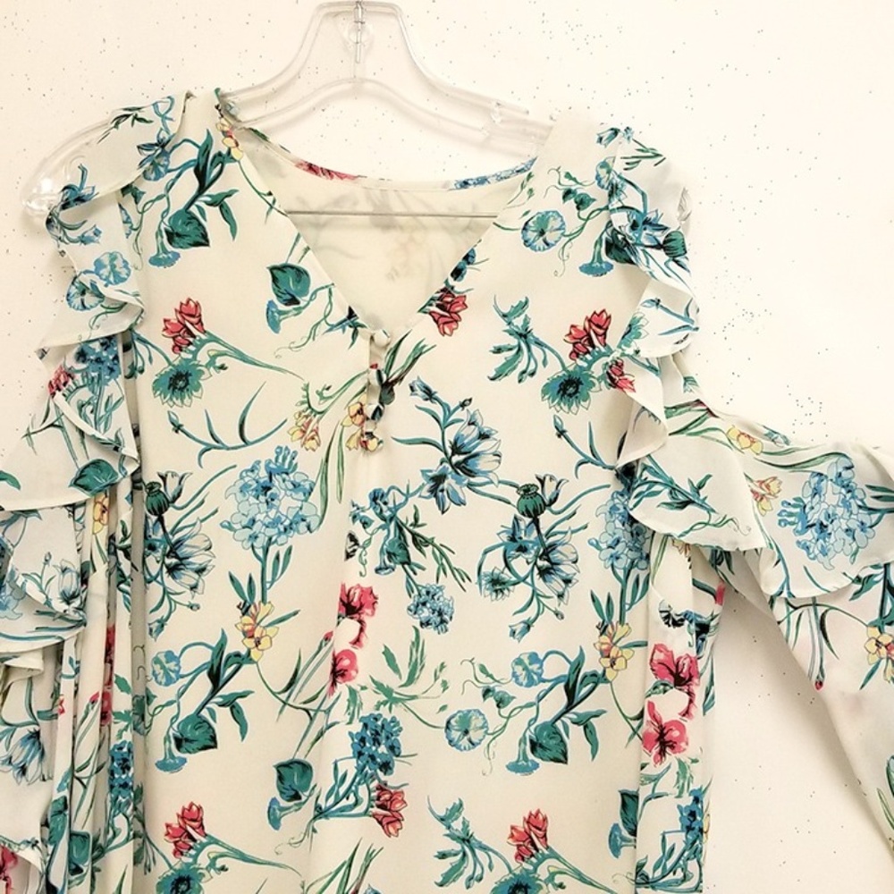 Silk Ruffle Floral Cold-Shoulder Tunic NEW - Picture 2 of 4